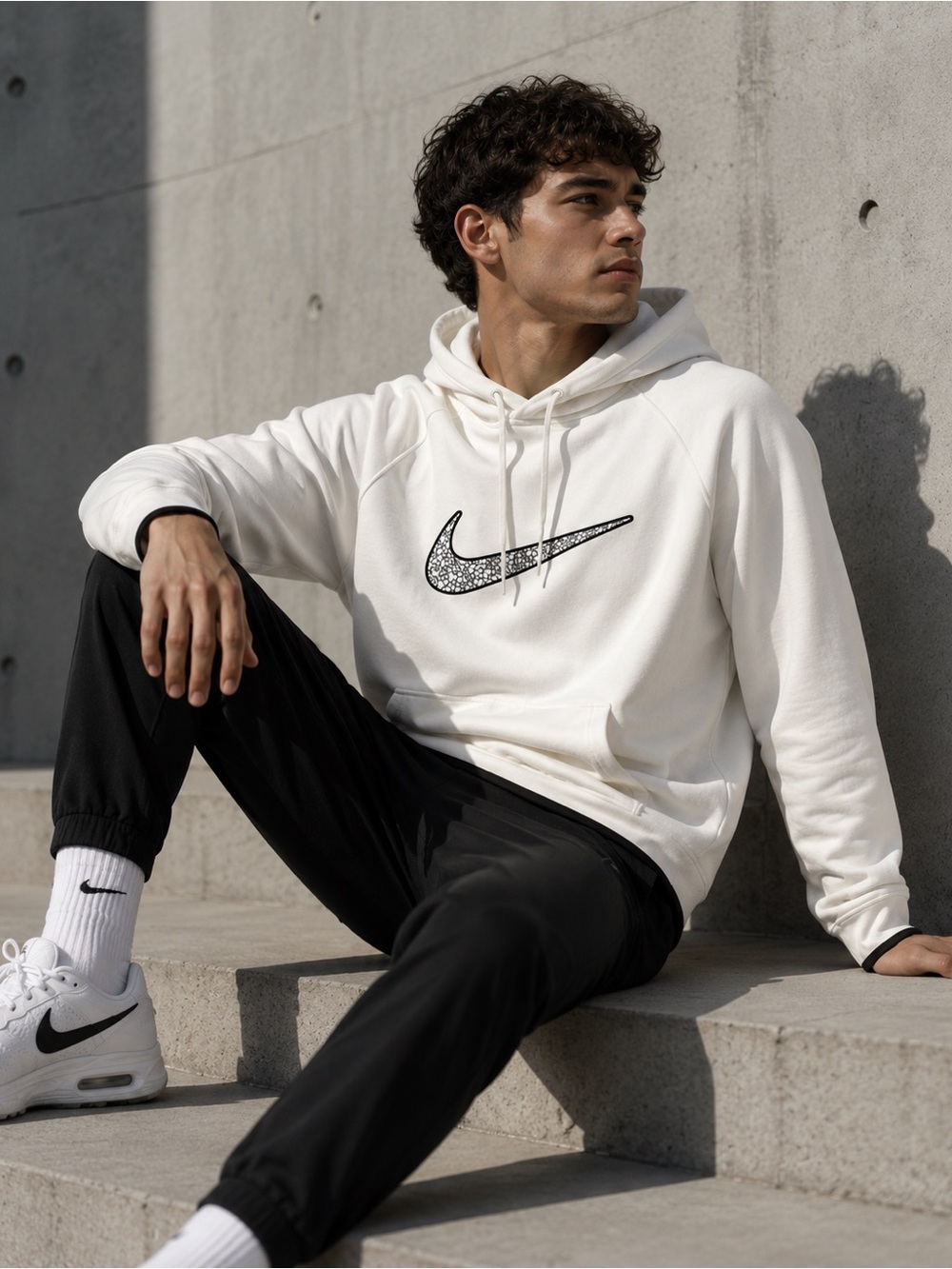 Nike Therma-Fit White Hoodie with Textured Swoosh Logo – Size M